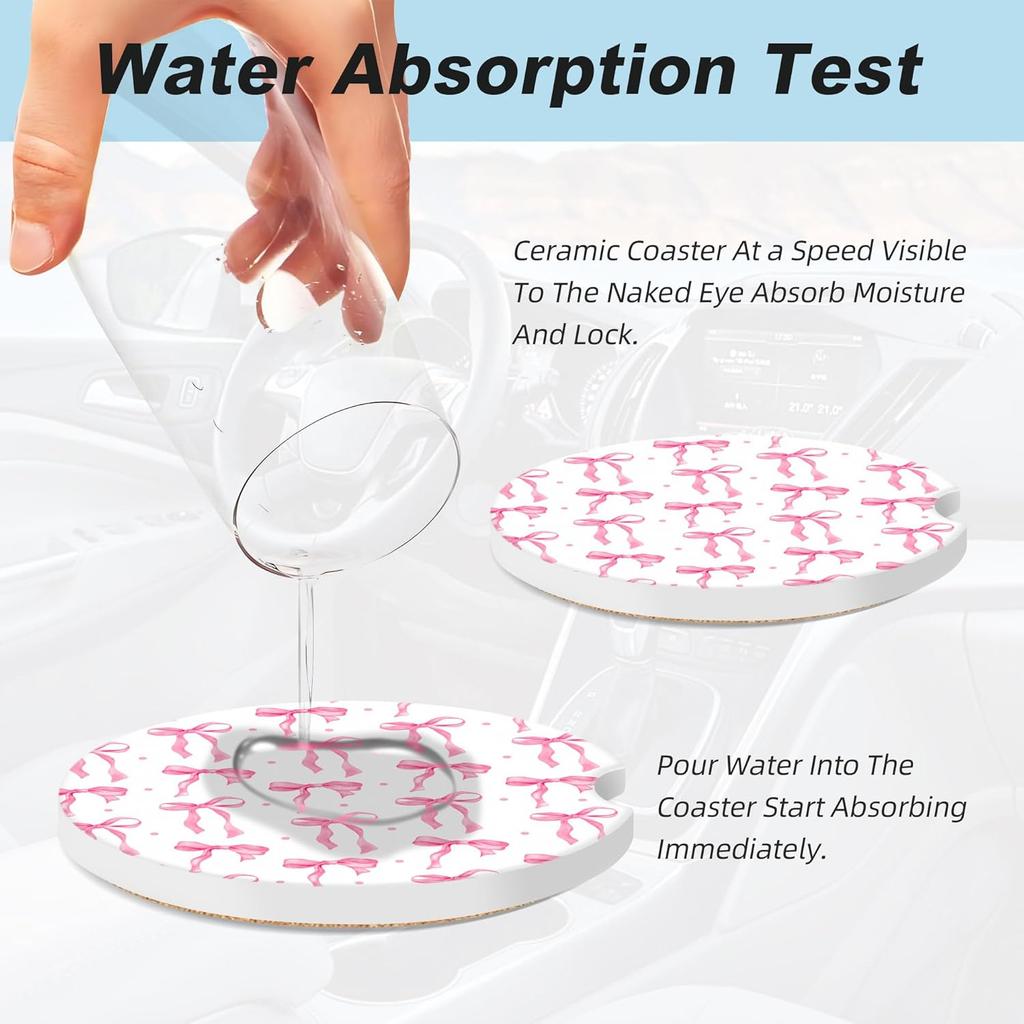 Pink Bow Car Coasters for Cup Holders,2 Pack Car Cup Holder Coasters for Car,Ceramic Absorbent Car Coaster with A Finger Notch and Cork Base,Car