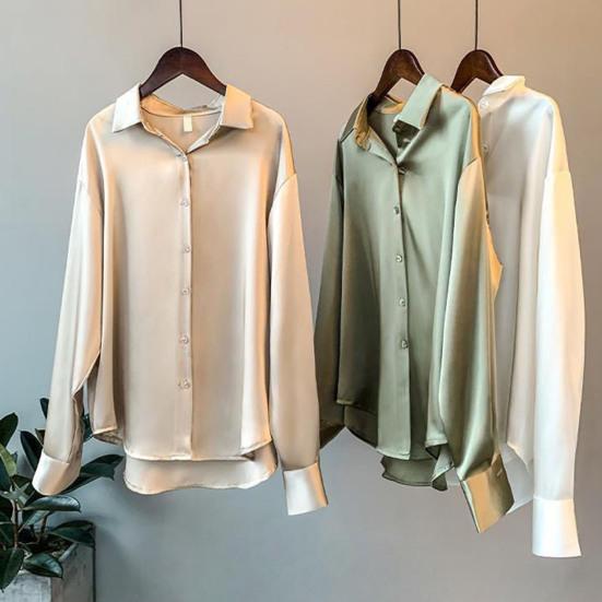Women Shirt Lapel Long Sleeve Single Breasted Shirt Tops Solid Color Smooth Satin Loose Fit Versatile Shirt