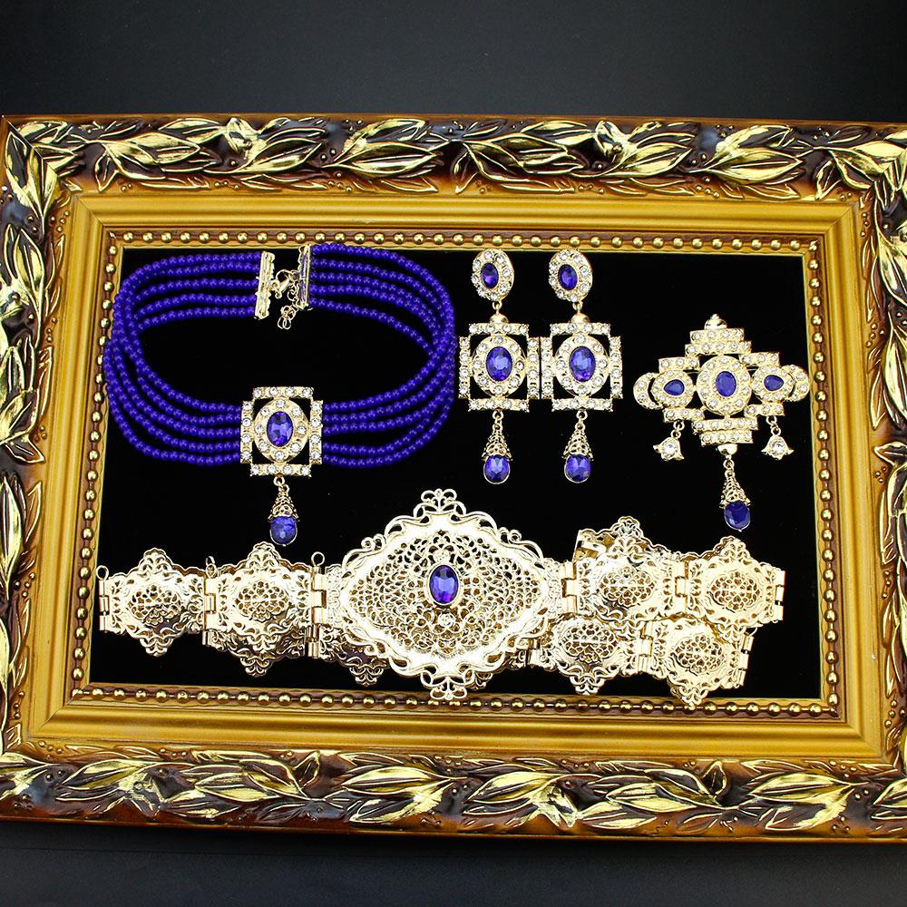 Gold Color Waist Belt Bead Choker Necklace Square Earring Brooch Arabic Bride Jewelry Set For Women