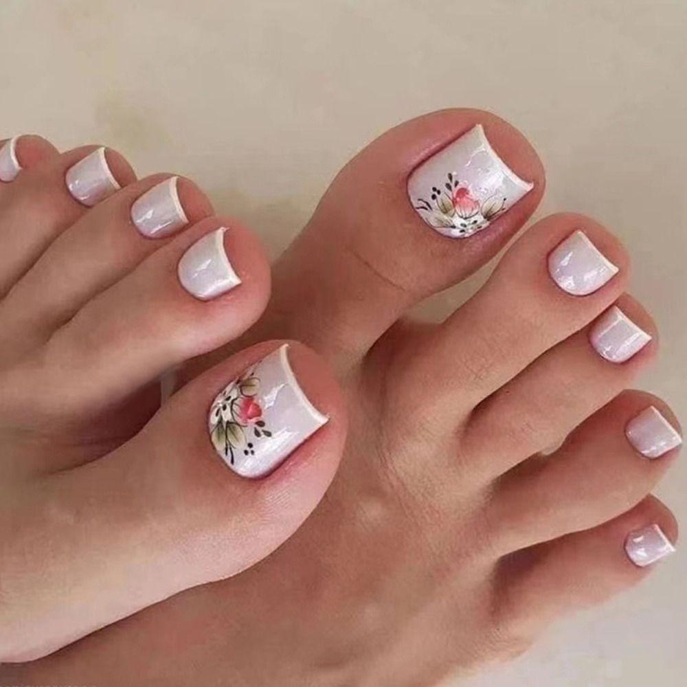 24pcs for Women Short Toe Nails Full Cover Spring Summer Flowers Fake Toenails French Gold