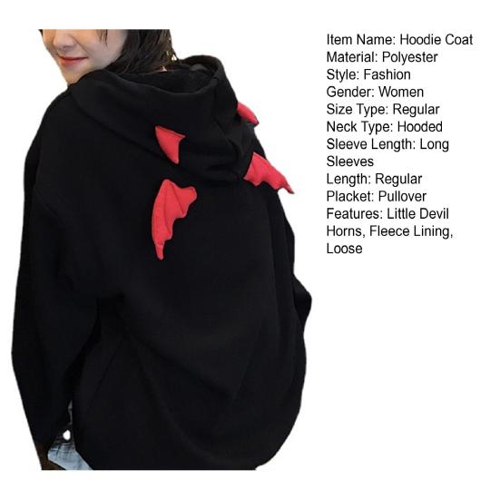 Толстовка с капюшоном в готическом стиле для девочек, свободная посадка с длинными рукавами и рогами дьявола, женская толстовка с крыльями демона, уличная одежда