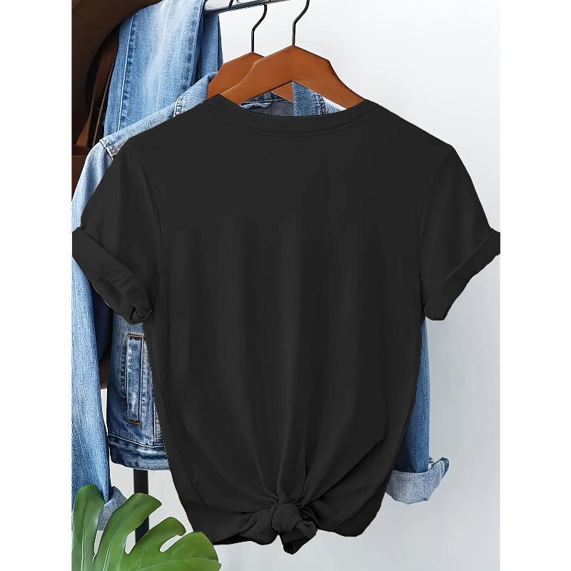 Европейские размеры Женская футболка с элегантным цветочным принтом - Черная повседневная футболка с коротким рукавом с розовыми лилиями и зелеными листьями