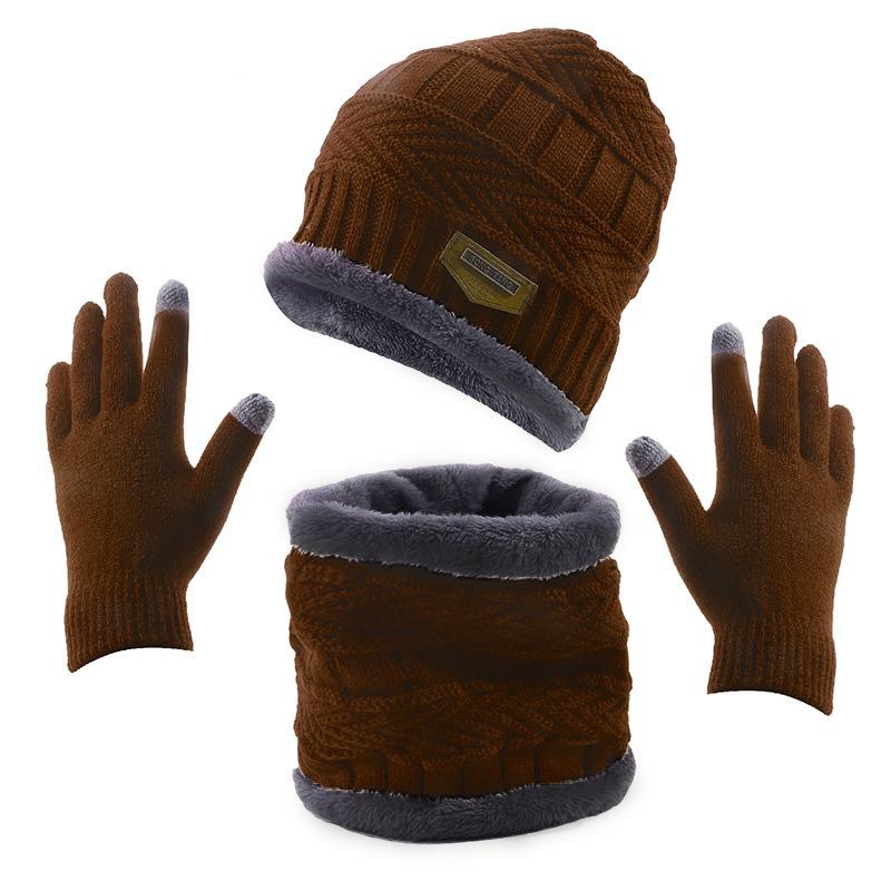 3pcs/set Fashion Plush-lined Knitted Caps Men Women's Winter Hats Scarves Touch Screen Gloves Thicken Warm Beanie Hat