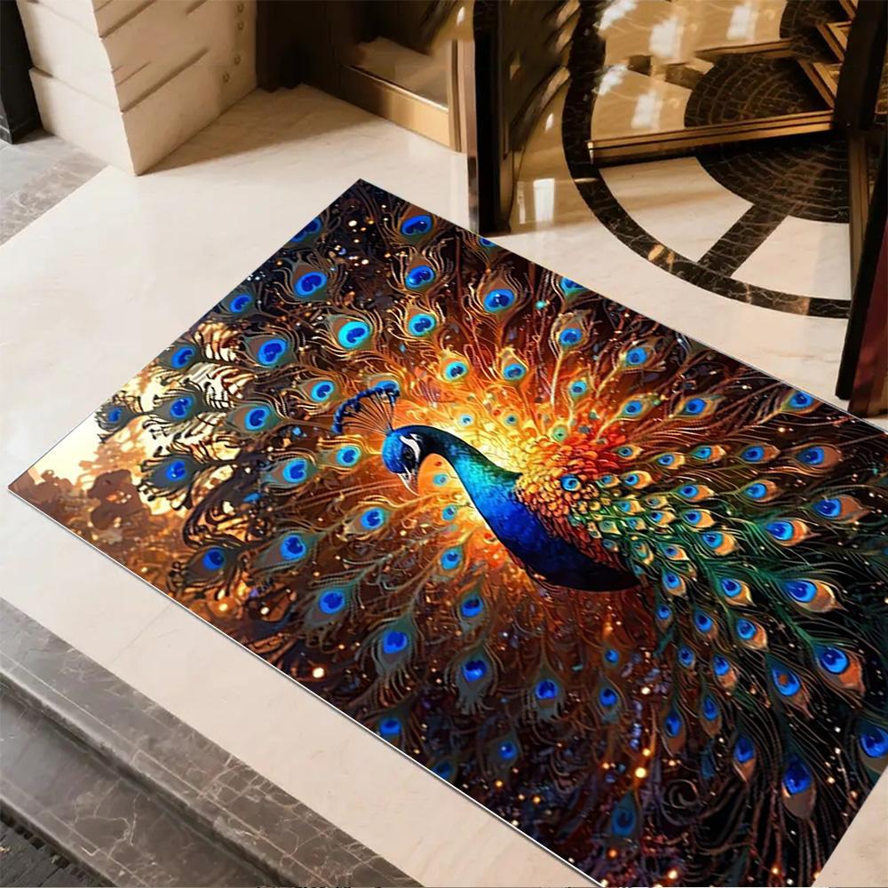 1pc Home Carpet Peacock and Flowers Non-Slip Design for Office Decor Living Room Bedroom Gift
