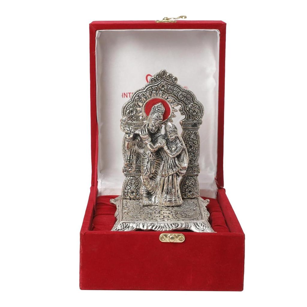 Silver Radha Krishna Chowki God Idol | Best Wishes Printed Box | Carry Bag