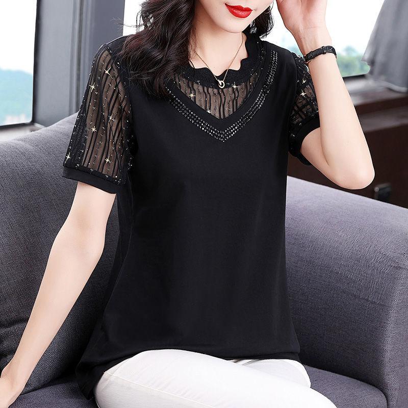 Commute Fashion Gauze Spliced Pullovers Women's Clothing Casual Round Neck Diamonds Summer Short Sleeve Solid Color T-shirt