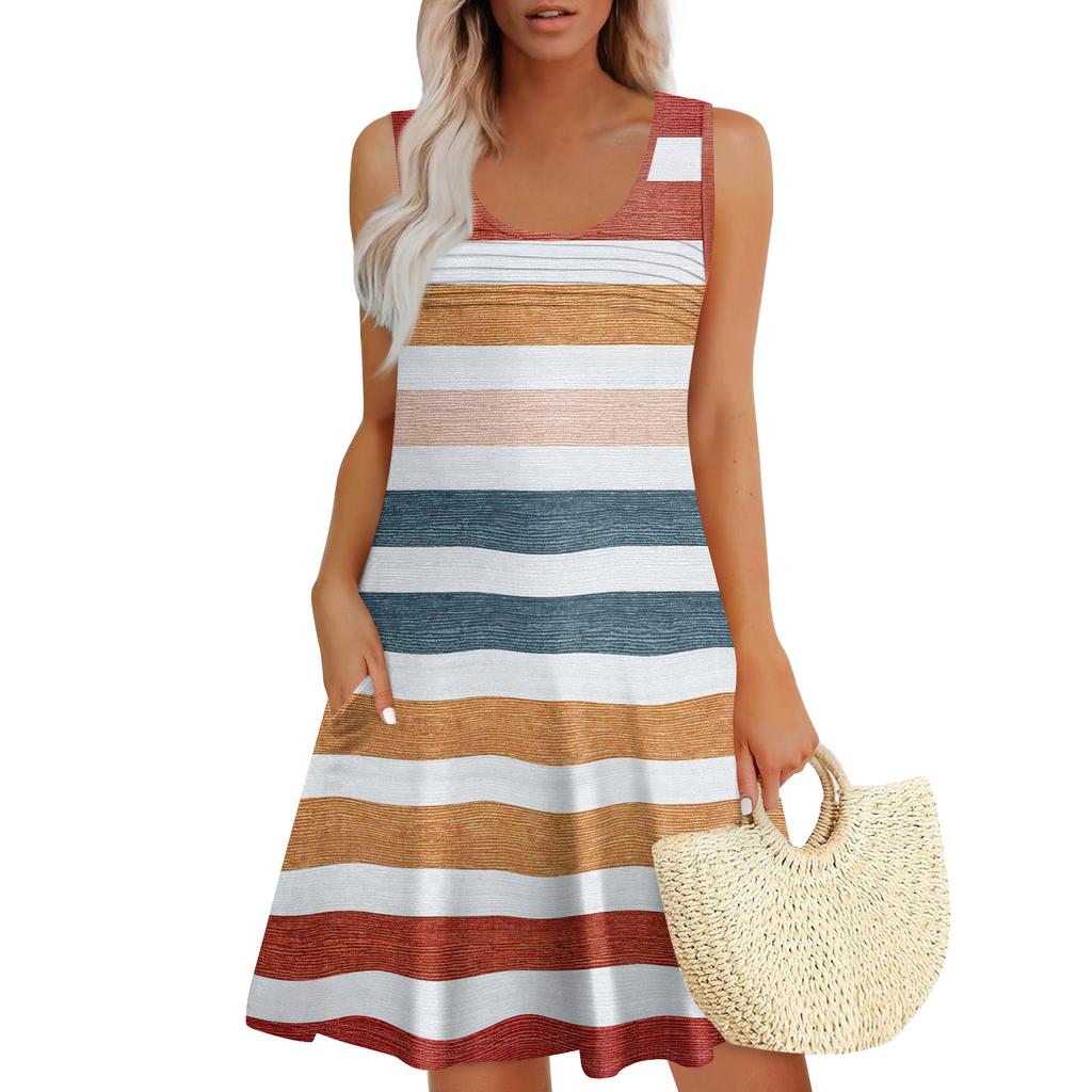 Женские летние платья, свободные сарафаны без рукавов с U-образным вырезом и карманами