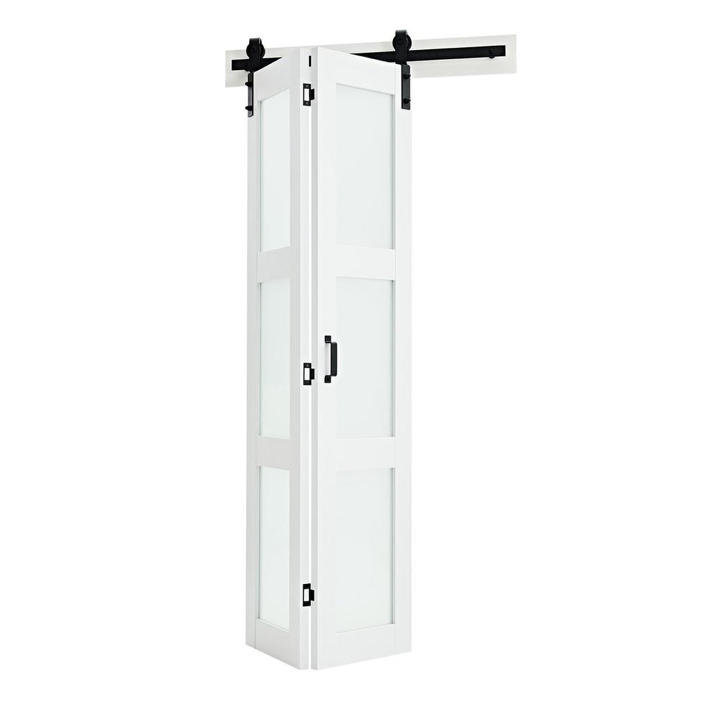 Bifold Barn Door, 914 x 2134 mm, MDF with Tempered Glass Bi-Fold Sliding Closet Doors, Hardware Kit Included, Space-Saving Design, Pre-Assembled