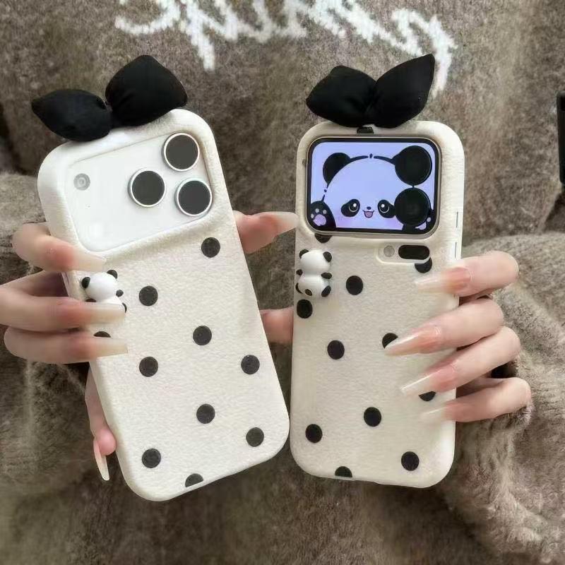 For 17 Pro Max 16 Pro 15 14 Plus 13 12 Pro 11 17 Air Point 3D Panda Toy Bow Grain Leather Soft Phone Case Cover