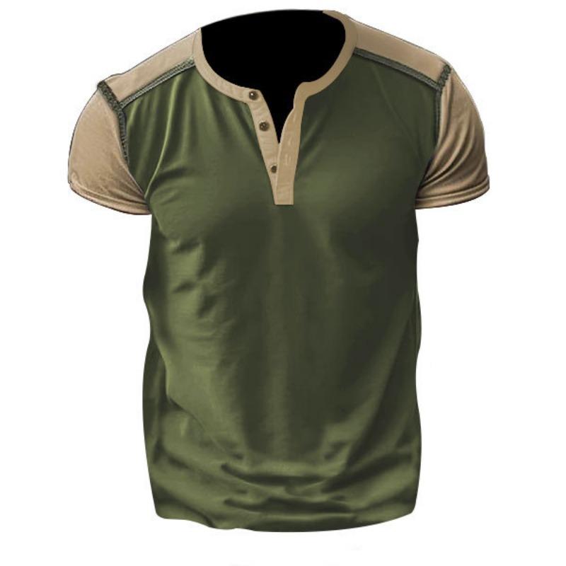 Мужская повседневная свободная футболка-henley с коротким рукавом и цветовыми блоками