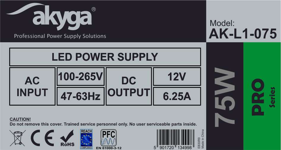 Akyga Ak-L1-075 Modular LED Power Supply 75W 12V 6.25A Internal Switching For Strips