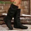 Fashion Flats Women Mid-calf High Boots Fashion Suede Shoes Winter Women 2024 Trend Casual Walking Snow Boots Zipper Pleated Mujer Botas