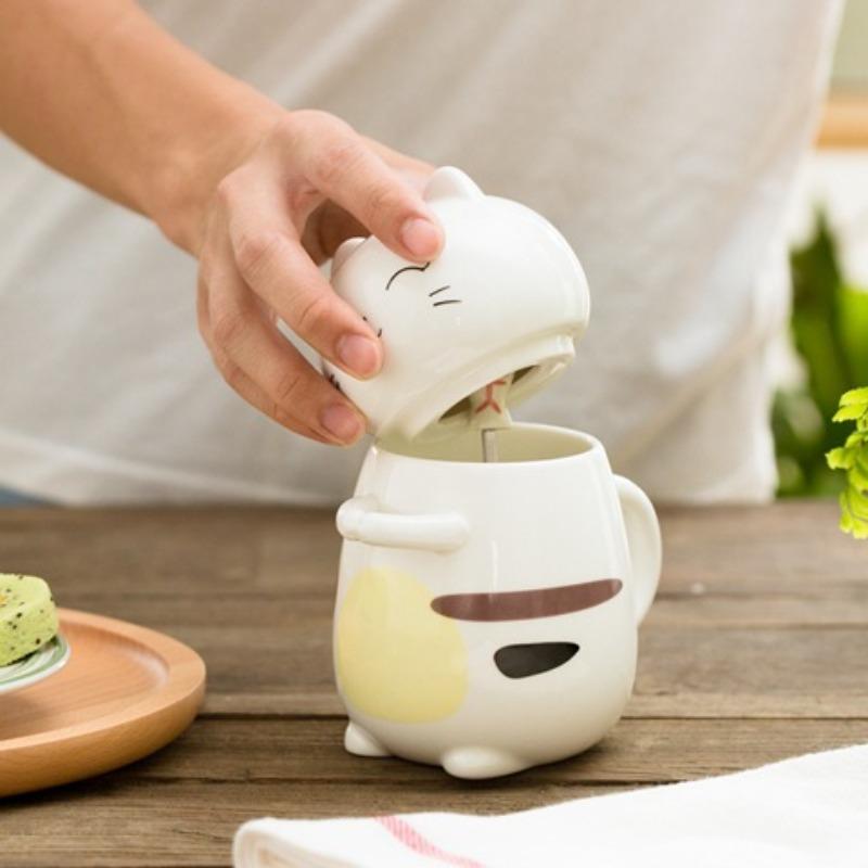 Керамическая кружка Кружка с крышкой с ложкой Кофейная кружка Молочная кружка Студенческая чашка для воды Милая кружка