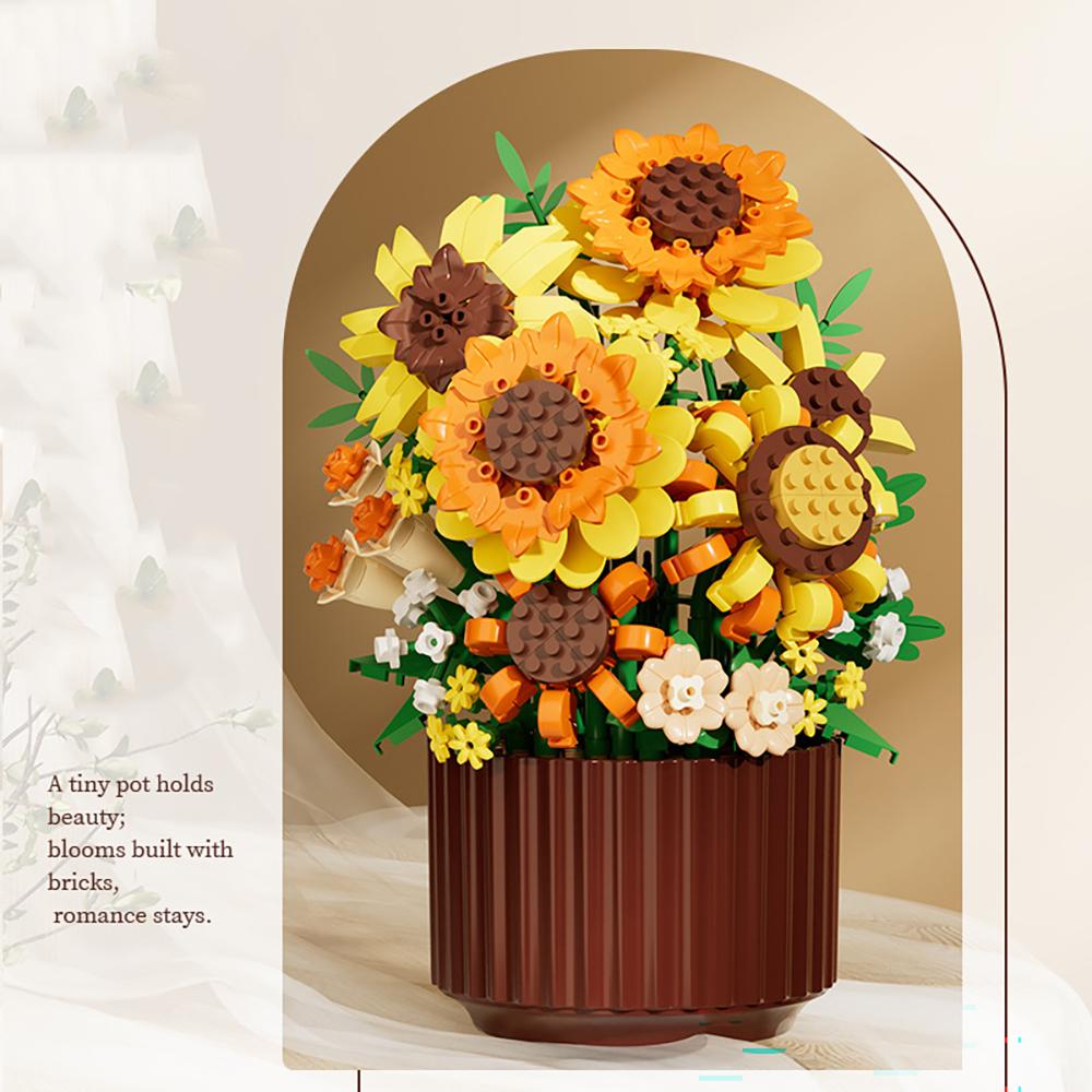 DIY Bouquet of Roses Sunflower Building Block Set Eternal Creative Puzzle Assembly Simulation rose Potted Ornament Home Decor