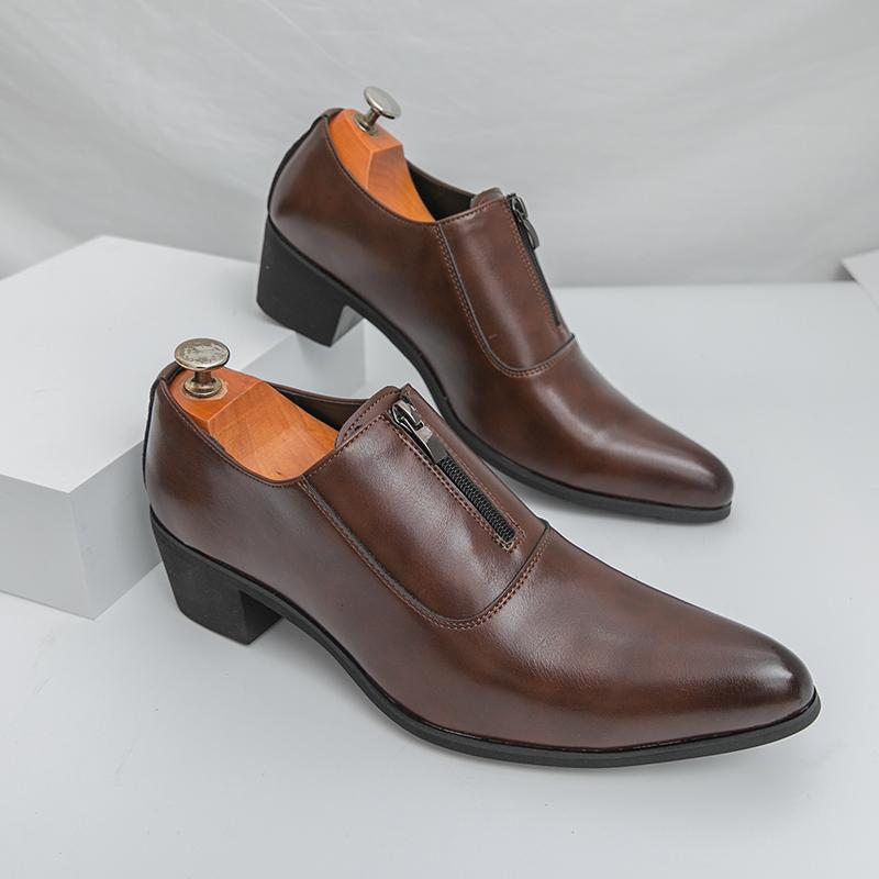 2025 Новая обувь на лифте для мужчин, на молнии, на высоком каблуке, формальная, кожаная, черная, мужские лоферы, туфли для платья, коричневая обувь для увеличения роста мужчины