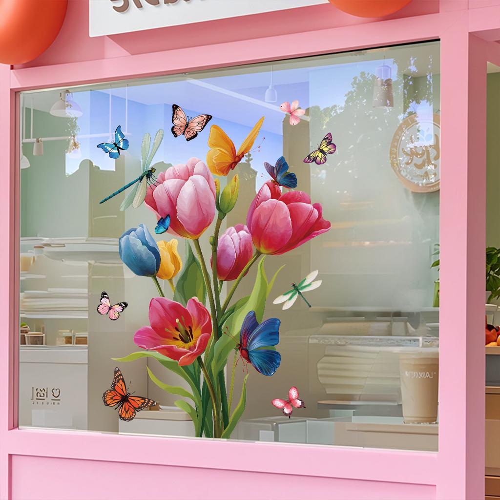 Simple Atmosphere Multi-color Tulip Glass Stickers On Balcony Window Decoration Glue-free Electrostatic Stickers