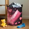 1 Large Capacity Polyester Laundry Basket | Feather And Heart Pattern Print, With Handle, Multi-Purpose Foldable Portable Round Dirty Clothes Storage 