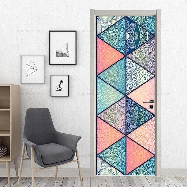 3D Geometric Door Sticker Self-adhseive Vinyl Full Door Wrap Cover Stickers Modern Abstract Geometry Wall Art Mural Decorations