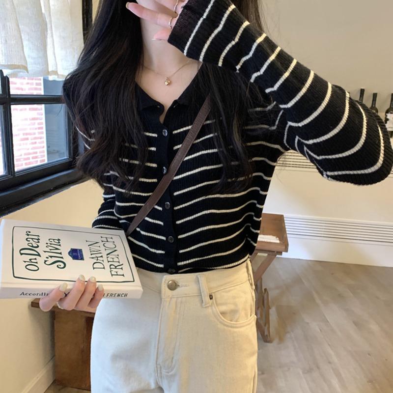 PO Neck Striped Sweater Early Spring New Women's Clothing Slim-fitting Base with Knitted Cardigan Jacket Top