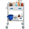 Lab Serving Cart, 2 Layers Stainless Steel Utility Rolling Cart, Medical Cart with Two Drawers, Dental Utility Cart with Lockable Wheels and A Bucket,