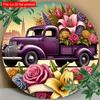 2d Flat 20*20cm Purple Vintage Truck Filled with Flowers, Circular Wooden Sign, Garden, Kitchen, Office, Bedroom Decoration, Wooden Material