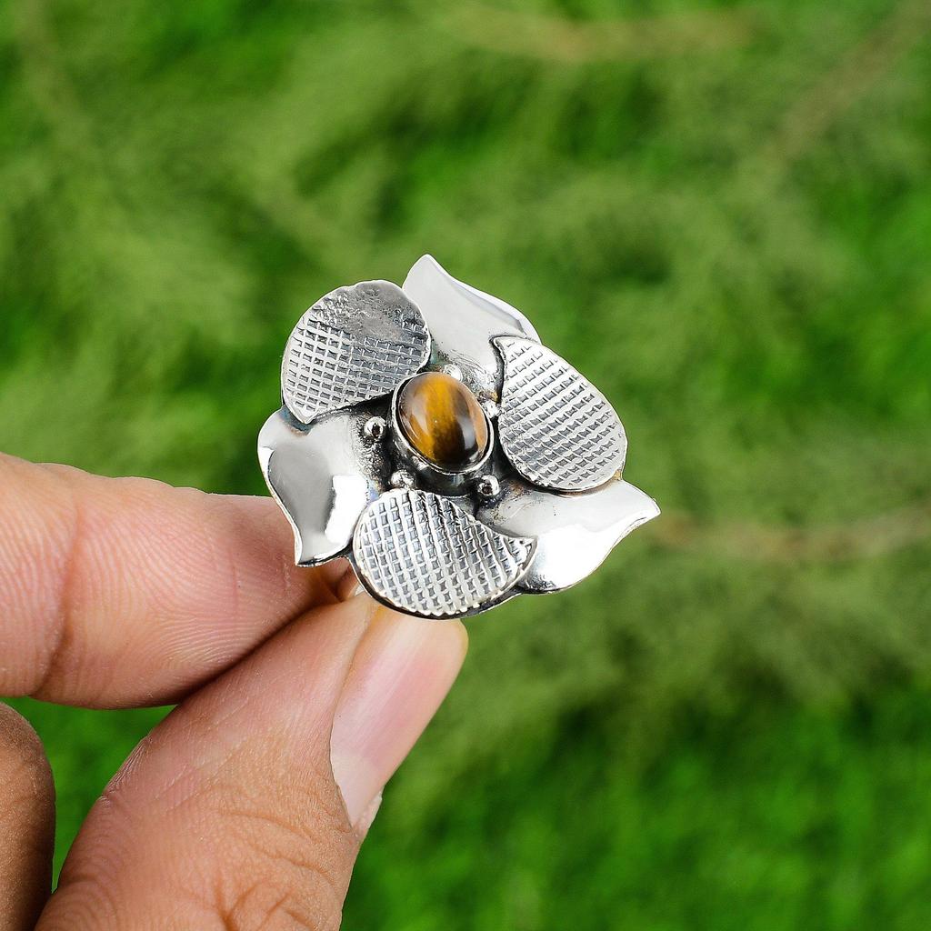 Gift For Women Statement Flower Adjustable Ring 925 Silver Natural TigerS Eye
