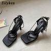 Eilyken New Sexy Mesh Women Pumps Sandals Female Square Toe High Heel Lace Up Cross-tied Stiletto Hollow Dress Shoes Size