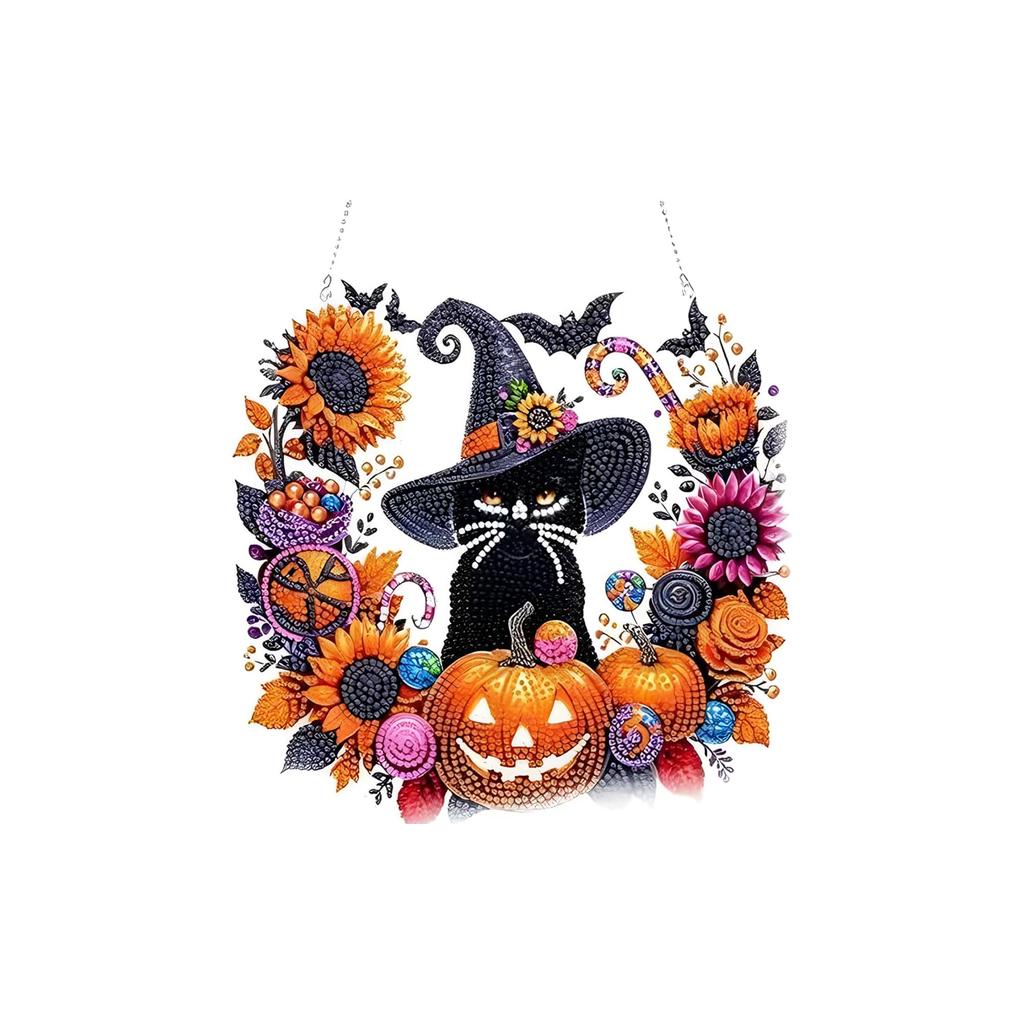 Diamond Art Hanging Ornament Kit Black Cat with Black Hat, Halloween Christmas Thanksgiving Home Door Decor Craft