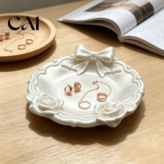 Retro Lolita Jewelry Plate 3D Printed Bow And Rose Tray, Decorative Bowknot Storage Organizer Decor for Rings Earrings Necklaces, Cute