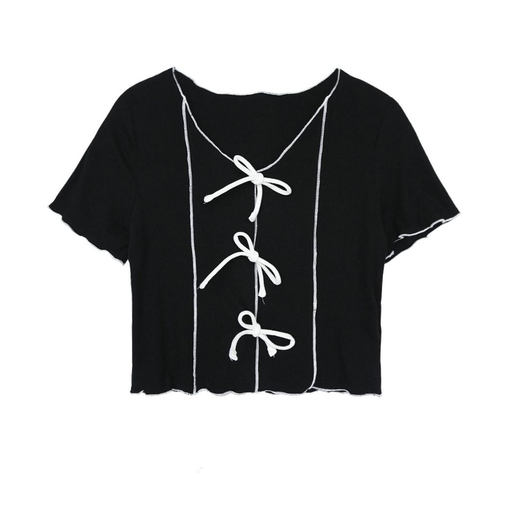 Футболка с короткими рукавами Bow Tie Wave Edge Color Collision, женская летняя, тонкая, с короткими секциями, маленькая рубашка, топы, повседневные, основные, облегающие, пуловеры, футболки