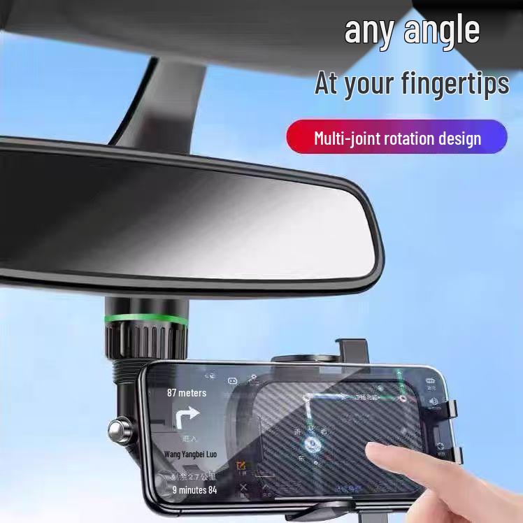 Versatile Car Rearview Mirror Phone Holder with One-Clip Secure and Rotating Support for Easy Navigation.