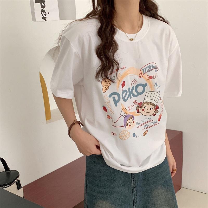 Women Summer Short Sleeve Cartoon Bear Printed Oversize T Shirt Blouse Top