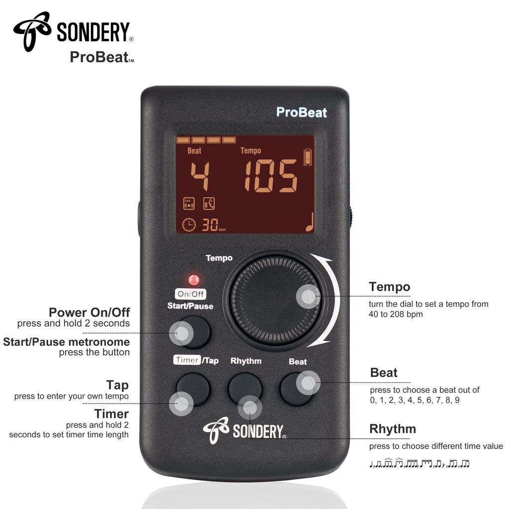 Sondery Electronic Metronome Human Voice Loud Volume Digital Guitar Drum 3 Sounds Rechargeable Lithium