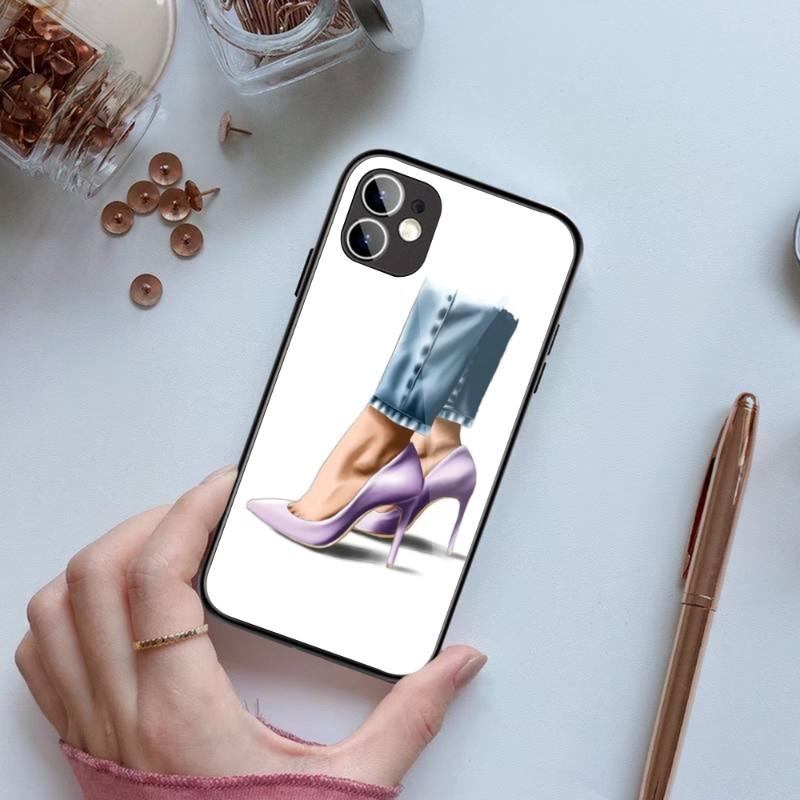Модный чехол для телефона на высоком каблуке для девочек IPhone 14 13 12 11 XS X 8 7 6 Plus Mini Pro Max SE 2022, черный стеклянный чехол из поликарбоната и ТПУ