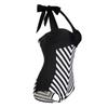 Elegant Plus Size Racy Black Halter Low Cut Beachsuit For Striped Swimwear Women