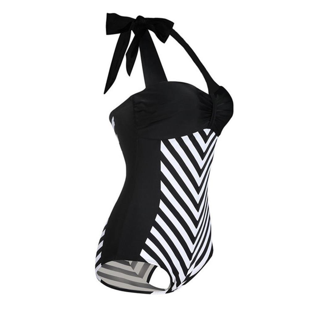 Elegant Plus Size Racy Black Halter Low Cut Beachsuit For Striped Swimwear Women