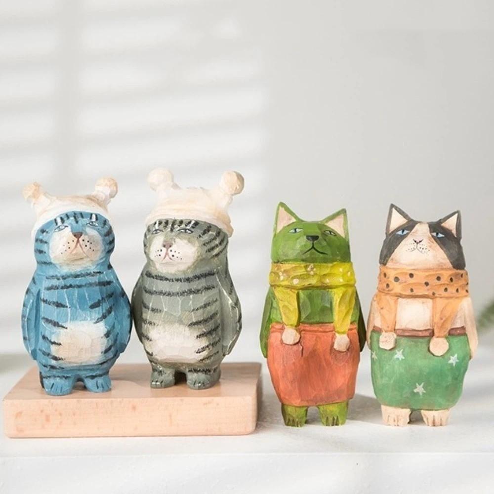 Handmade Wood Carving Cat Ornament Cartoon Cat Figurines Painted Cat Sculpture  Home Decoration