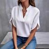 Solid Color Notch Neck Blouse, Casual Short Split Sleeve Blouse For Spring & Summer, Women's Clothing EMA
