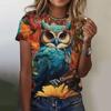 Summer Round Neck Owl Pattern Printed Top Fashionable Casual Cute Short Sleeved Women's T-shirts