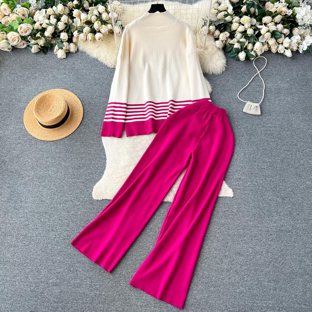Осень-весна повседневные трикотажные комплекты с высоким воротником в полоску пуловер с разрезом + широкие длинные брюки женский модный свободный костюм-свитер