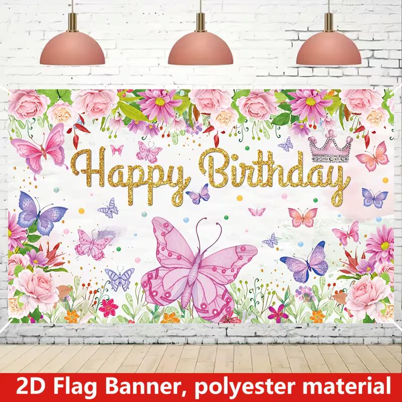 2D Princess Crown Butterfly Backdrop for Girl's Elegant Themed Party Decor