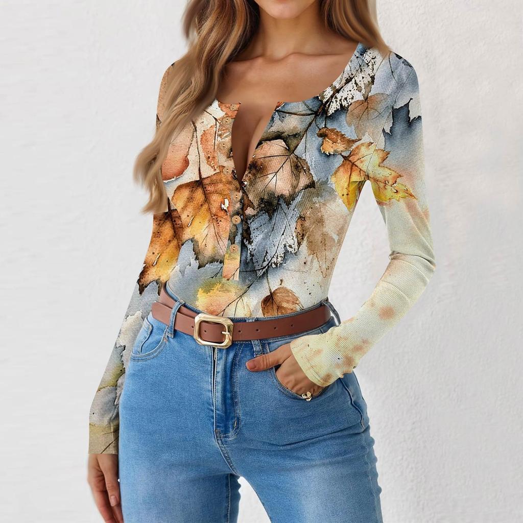 Women's Slim Bottom T-shirt Fashion Casual Gradient Printing Round Neck Pullover Long Sleeve Top