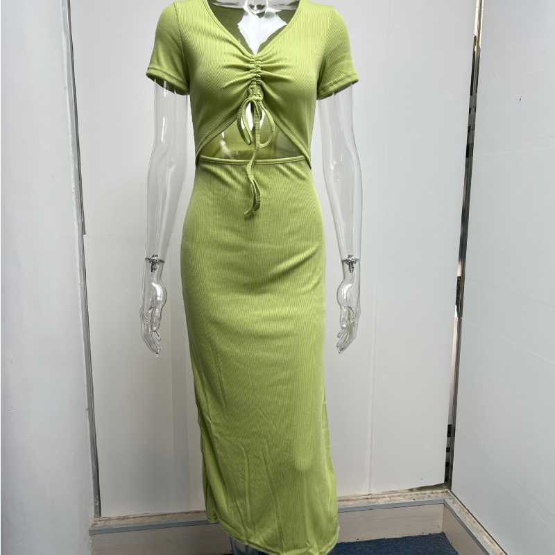 2022 Spring Summer Women's Fashion Knitted Dress Female Sexy Navel High Waist Slit Lace-up Pleated Dress Ladies Temperament Slim Long Dress