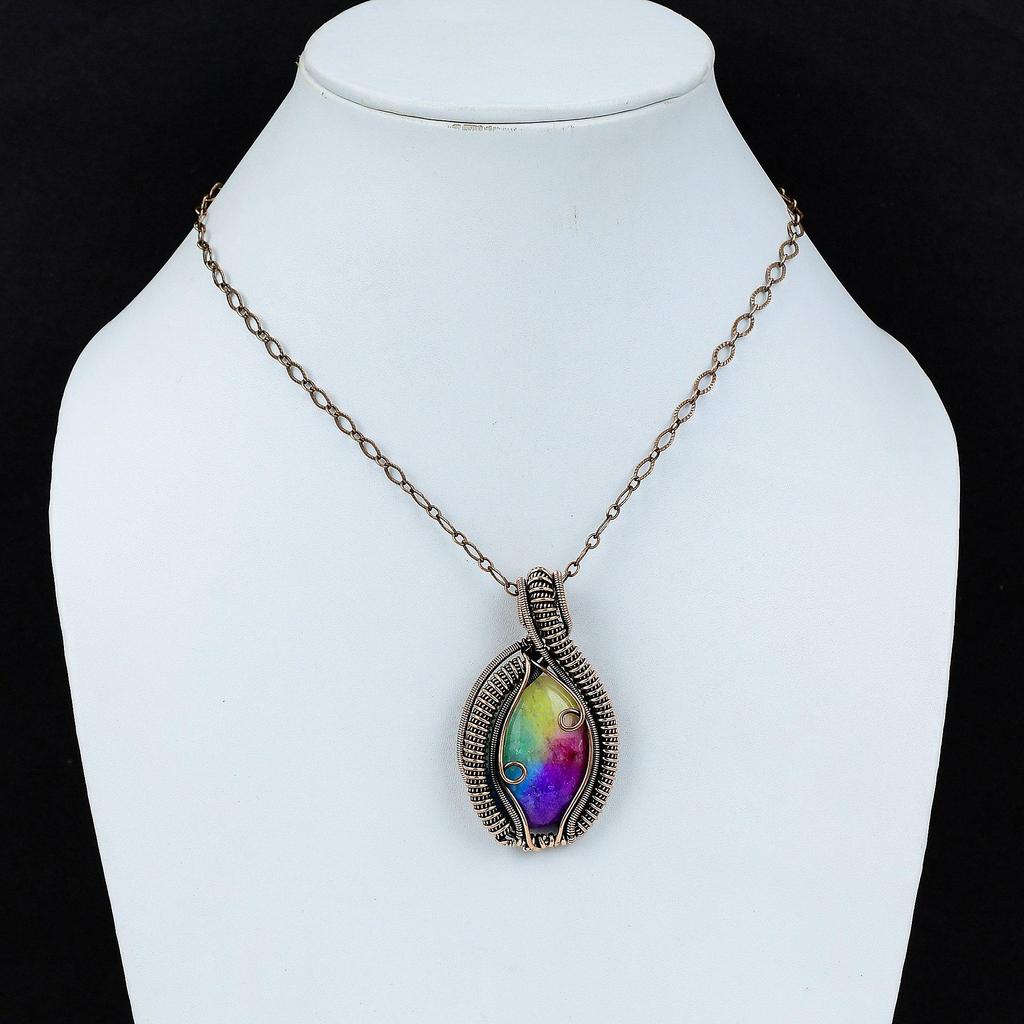 Радужный солнечный кварцевый кулон с друзами, медная проволока, кулон, ювелирные изделия в этническом стиле, кулон ручной работы, драгоценный камень, медное ювелирное изделие, подарок для сестры