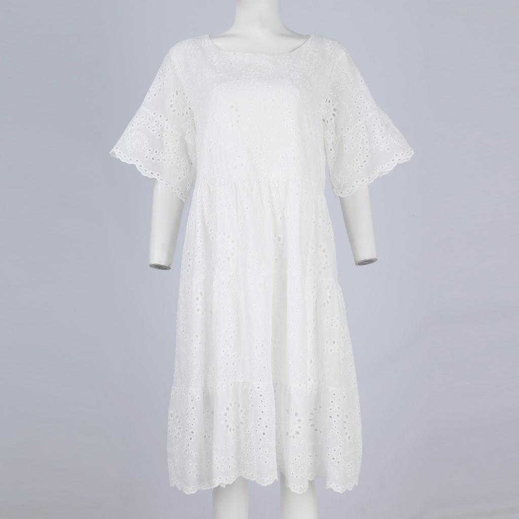 Модное однотонное хлопковое кружевное платье с вышивкой