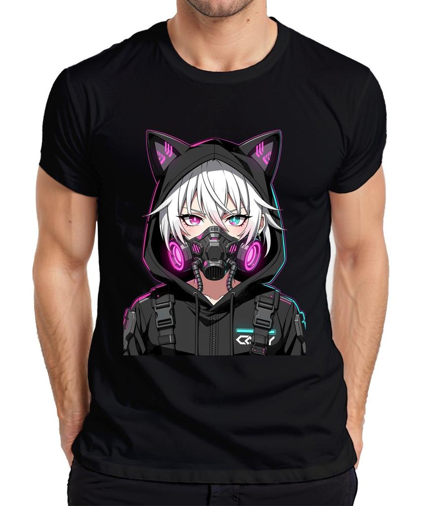 Anime Cyberpunk Girl Gas Mask Neko Techwear Neon Pink Japan Manga Men's T-Shirt