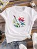 (Asian Size) Women T Shirt Flower Watercolor Sweet Short Sleeve Tee Top Clothing Fashion Print Lady Casual Female Graphic T-shirts