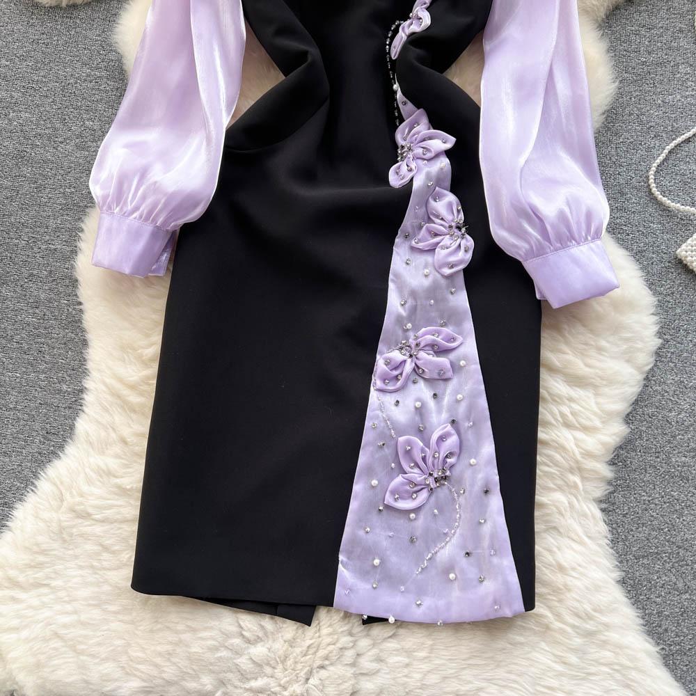 Spring Autumn Celebrity Vintage Cheongsam Pencil Dress Women's New Fashion Long Sleeve Mesh Patchwork Elegant Beading Bow Party Dresses