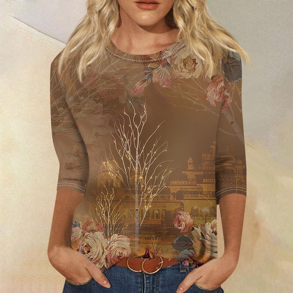 Женская мода, свободная рубашка с круглым вырезом и рукавом семь четвертей, винтажная повседневная футболка с цветочным принтом, топ
