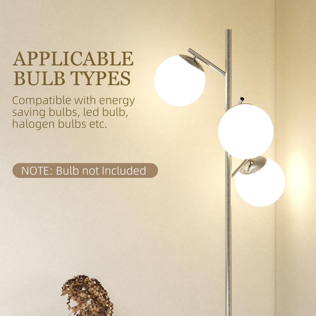 3-Light Tree Floor Lamps for Living Room, Modern Standing Lamp for Bedroom with Globe Lampshade, 3000K/4000K/6000K Colour Temperatures, Steel Base